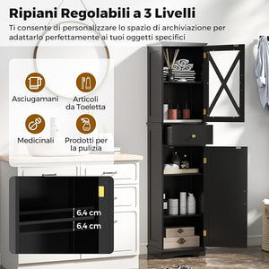 Armadietto da Bagno 40 x 30 x 168 cm, Colonna Bagno con Cassetto, 2 Ante e 3 Ripiani Regolabili, Mobiletto Salvaspazio per Cucina, Soggiorno e Ufficio (Nero)