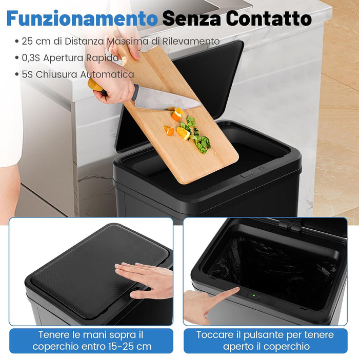 Bidone per Spazzatura in Acciaio Inossidabile 50L, Cestino per Spazzatura Automatico con Sensore di Movimento e Coperchio Rimovibile, con Gambe Staccabili per Cucina Ufficio (Nero)