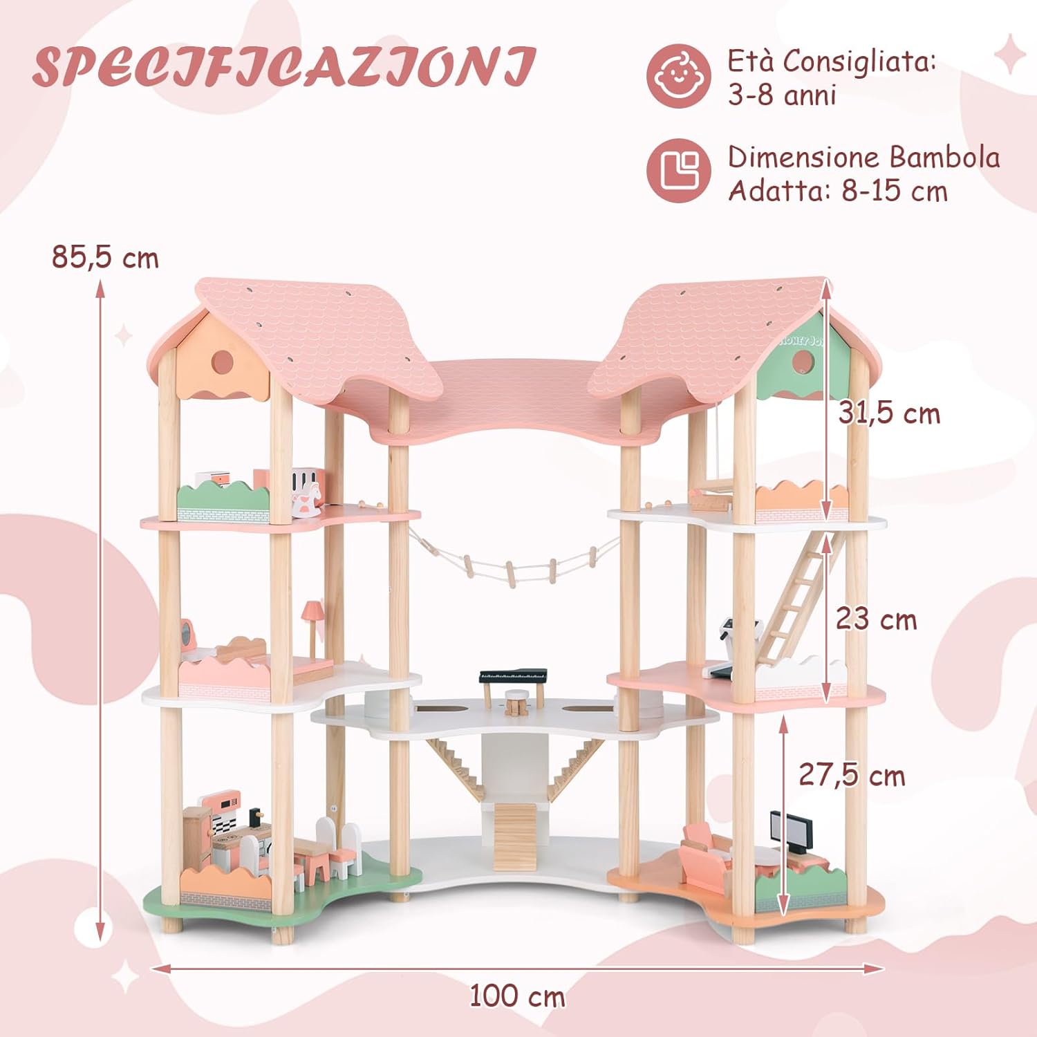 Casa delle Bambole in Legno, Casa delle Bambole a 3 Piani con 7 Stanze e Mobili, Accessori Realistici, per Bambini 3-8 Anni, 100 x 48 x 85,5 cm