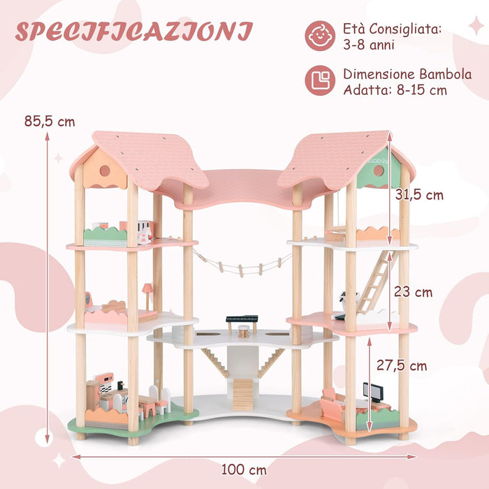 Casa delle Bambole in Legno, Casa delle Bambole a 3 Piani con 7 Stanze e Mobili, Accessori Realistici, per Bambini 3-8 Anni, 100 x 48 x 85,5 cm
