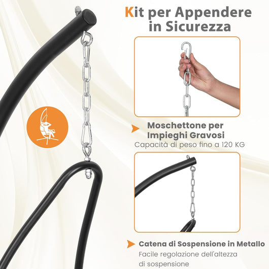 Sedia Sospesa con Supporto in Metallo, Sedia a Dondolo con Sedile Imbottito, Telaio in Metallo Robusto, Sedia a Dondolo per Portico, Giardino, Soggiorno, Portata 120 kg (Beige)