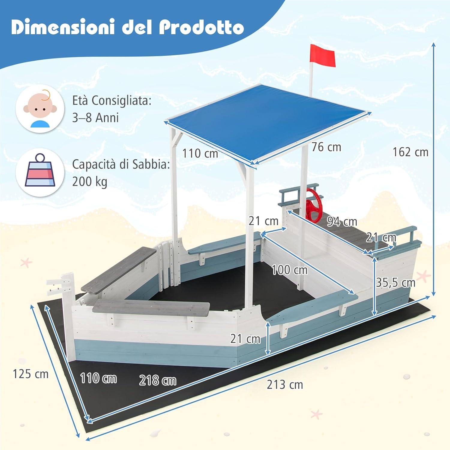 Sabbiera per Bambini a Forma di Nave Pirata con Tettuccio, Barca di Legno di Abete con Bandiera Timone e Sedili, Area Gioco di Sabbia, 218×110×162 cm