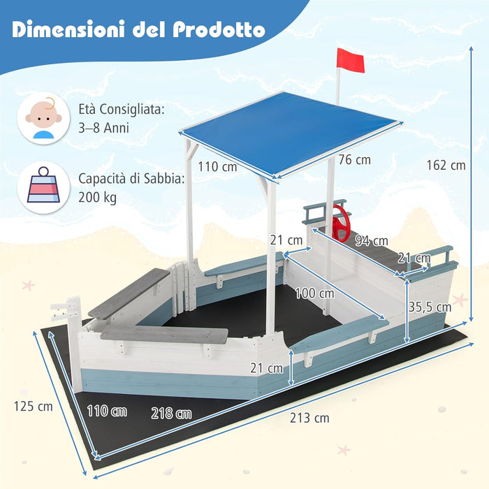 Sabbiera per Bambini a Forma di Nave Pirata con Tettuccio, Barca di Legno di Abete con Bandiera Timone e Sedili, Area Gioco di Sabbia, 218×110×162 cm
