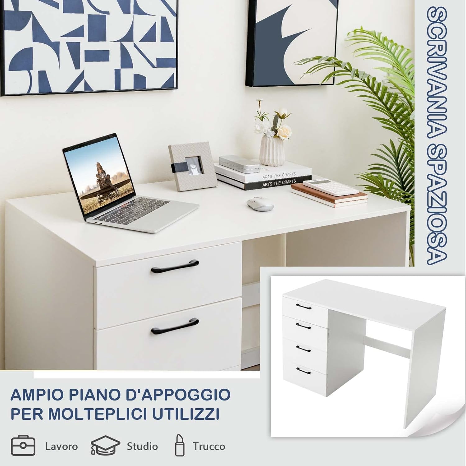 Scrivania per Computer con 4 Cassetti, Scrivania Porta PC in Legno con Ampio Piano, Scrivania Moderna e Semplice per Casa, Ufficio e Studio, Portata 95 kg, 110 x 60 x 76 cm, Bianco