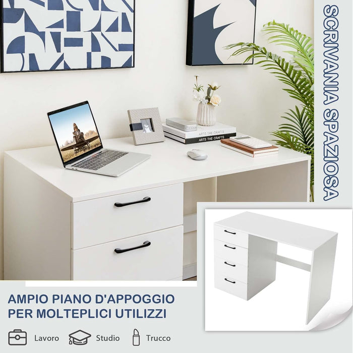 Scrivania per Computer con 4 Cassetti, Scrivania Porta PC in Legno con Ampio Piano, Scrivania Moderna e Semplice per Casa, Ufficio e Studio, Portata 95 kg, 110 x 60 x 76 cm, Bianco