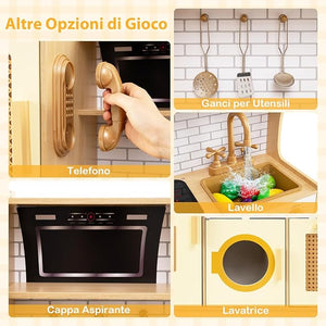 Cucina Giocattolo per Bambini, Cucina Legno per Bambini con Luci, Suoni, Frigorifero, Distributore d'Acqua, Lavatrice, Accessori Ricchi e Ante in Rattan, per 3 Anni+ (Giallo Caldo)