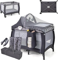 3-in-1 Lettino da Campeggio per Bambini, Lettino Portatile per Neonati con Fasciatoio, Culla Pieghevole con Materasso e Borsa da Trasporto, 2 Ruote Bloccabili, per Bambini 0-36 Mesi