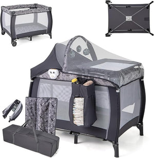 3-in-1 Lettino da Campeggio per Bambini, Lettino Portatile per Neonati con Fasciatoio, Culla Pieghevole con Materasso e Borsa da Trasporto, 2 Ruote Bloccabili, per Bambini 0-36 Mesi