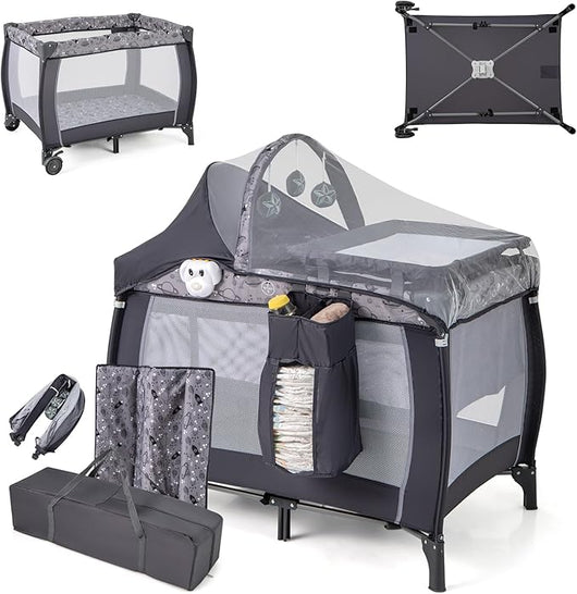 3-in-1 Lettino da Campeggio per Bambini, Lettino Portatile per Neonati con Fasciatoio, Culla Pieghevole con Materasso e Borsa da Trasporto, 2 Ruote Bloccabili, per Bambini 0-36 Mesi