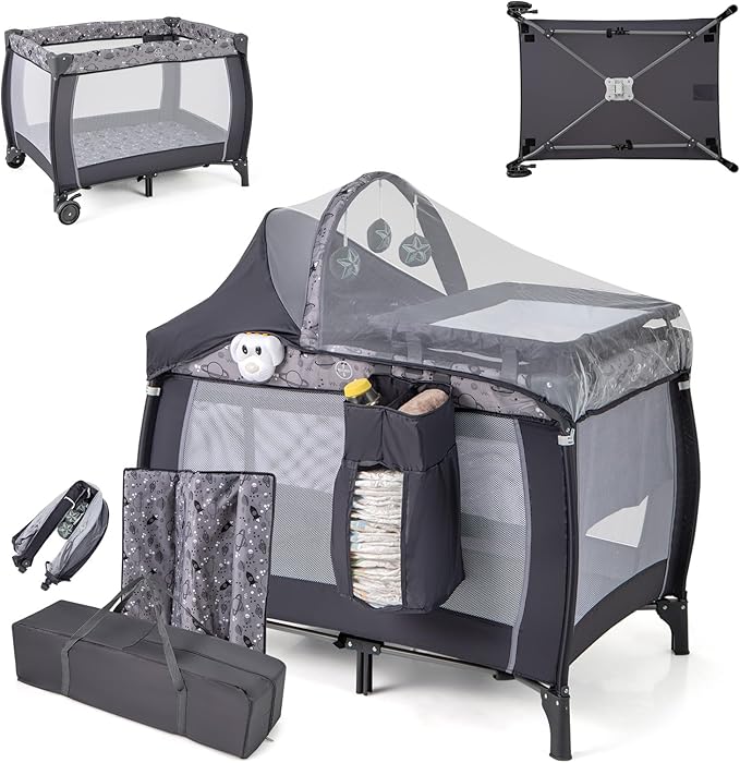 3-in-1 Lettino da Campeggio per Bambini, Lettino Portatile per Neonati con Fasciatoio, Culla Pieghevole con Materasso e Borsa da Trasporto, 2 Ruote Bloccabili, per Bambini 0-36 Mesi