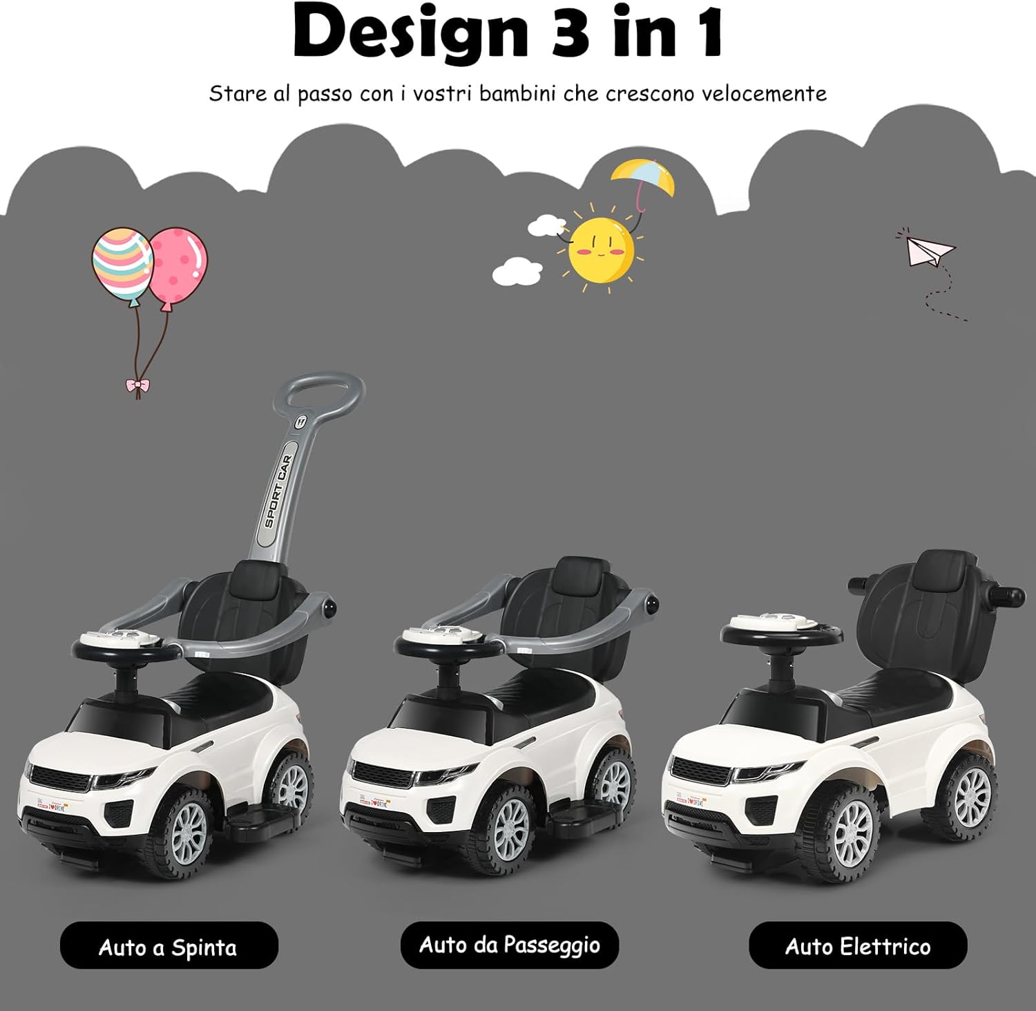 3 in 1 Macchina Cavalcabile a Spinta per Bambini, con Clacson Musica Luce Portaoggetti Sotto Sedile, Auto a Spinta per Bambini di 1-3 Anni (Bianco)