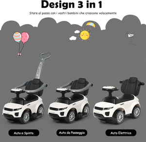 3 in 1 Macchina Cavalcabile a Spinta per Bambini, con Clacson Musica Luce Portaoggetti Sotto Sedile, Auto a Spinta per Bambini di 1-3 Anni (Bianco)
