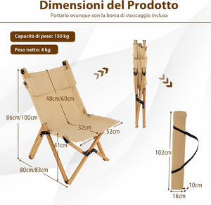Sedia da Campeggio Pieghevole e Portatile, Sedia in bambù con Schienale Regolabile a 2 Livelli e Borsa, Sedia in Tela Ultraleggera per Picnic, Spiaggia e Patio, Portata 150 kg
