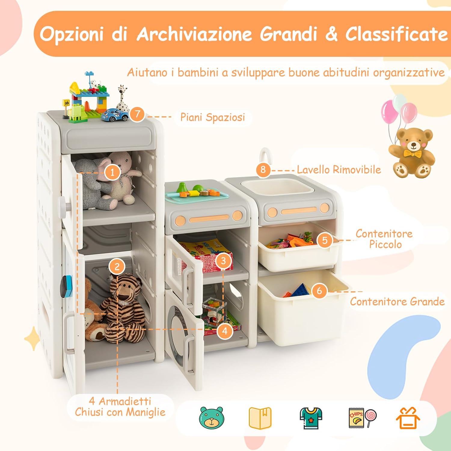 Mobile Porta Giochi per Bambini, Scaffale e Libreria Giochi Multiuso con Lavagna Magnetica Lavello e Rubinetto Rimovibili, Ante e Contenitori, Mobile per Bambini con Pennarelli e Cancellino