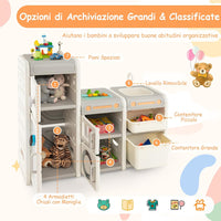 Mobile Porta Giochi per Bambini, Scaffale e Libreria Giochi Multiuso con Lavagna Magnetica Lavello e Rubinetto Rimovibili, Ante e Contenitori, Mobile per Bambini con Pennarelli e Cancellino