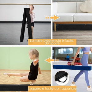 Trave da Ginnastica 210 cm Pieghevole per Bambini, Trave di Equilibrio Portatile con Maniglie, Base Solida di Legno e Parte Inferiore Antiscivolo