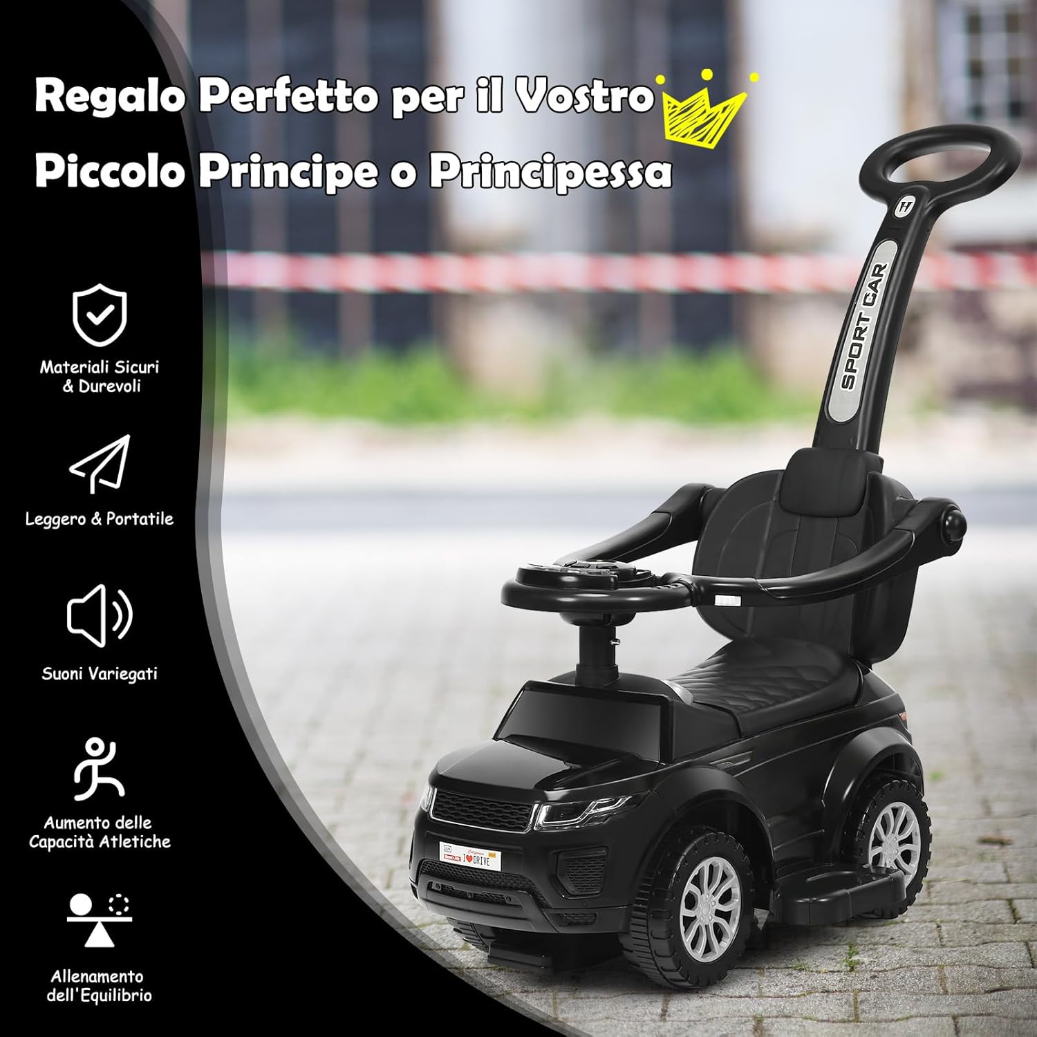 3 in 1 Macchina Cavalcabile a Spinta per Bambini, con Clacson Musica Luce Portaoggetti Sotto Sedile, Auto a Spinta per Bambini di 1-3 Anni (Nero)