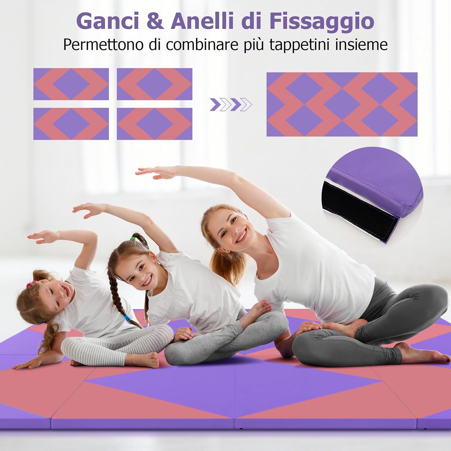 Tappetino Ginnastica Pieghevole 240 CM, Tappetino Fitness con Maniglie e Chiusure a Strappo per Stretching, Yoga, Arti Marziali da Casa e Palestra