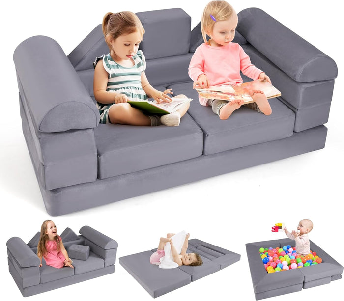Divano Modulare per Bambini, 9 Pezzi, Divano Letto per Bambini in Schiuma con Tessuto Suede, Coperture Lavabili, Divano Convertibile per Stanze da Gioco, Camere da Letto, Soggiorno (Grigio)