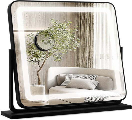 Specchio per Trucco, Specchio da Tavolo con luci LED a 3 Colori, Luminosità Regolabile e Controllo Intelligente a Sfioramento, Ruotabile a 360° con Ingrandimento 5X, 50x44 cm