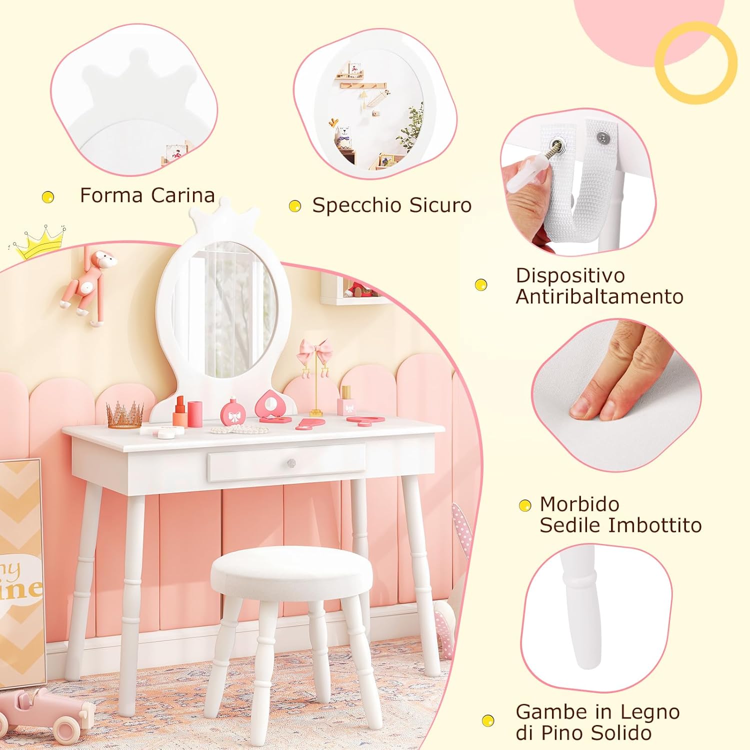 Toeletta Trucco per Bambina, Specchiera per Ragazzi in Legno Robusto, Postazione Trucco 2 in 1 Principessa con Cassetto, Sgabello e Specchio Staccabile, 70 x 34 x 100 cm (Bianco)