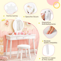 Toeletta Trucco per Bambina, Specchiera per Ragazzi in Legno Robusto, Postazione Trucco 2 in 1 Principessa con Cassetto, Sgabello e Specchio Staccabile, 70 x 34 x 100 cm (Bianco)