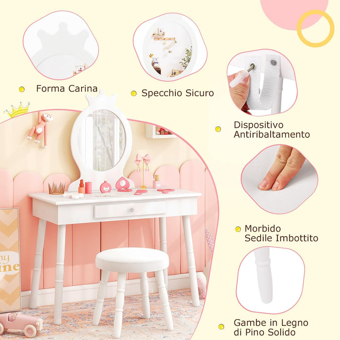 Toeletta Trucco per Bambina, Specchiera per Ragazzi in Legno Robusto, Postazione Trucco 2 in 1 Principessa con Cassetto, Sgabello e Specchio Staccabile, 70 x 34 x 100 cm (Bianco)