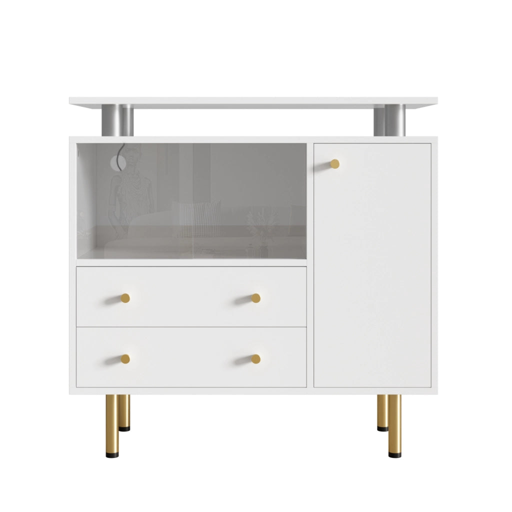 Mobile contenitore bianco con LED, vetro e piedi alti 80x35x80 cm