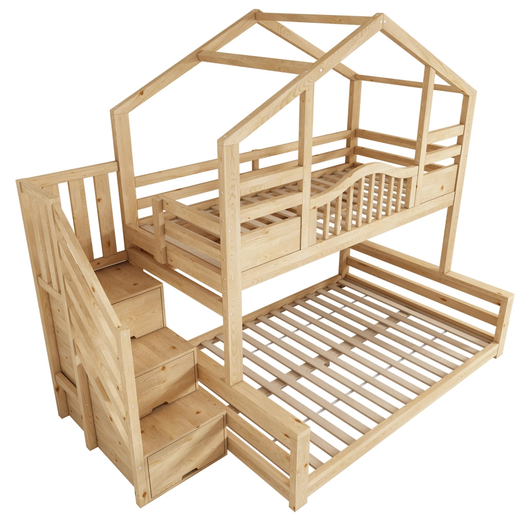 Letto a castello per bambini con scala contenitore, 90x200 e 140x200 cm, colore naturale