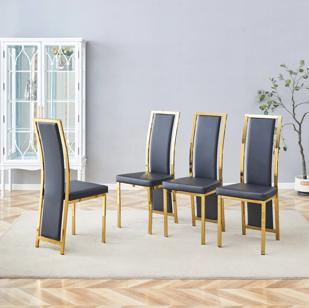 Set di 4 sedie da pranzo moderne con bordo dorato; 109 cm; in PU nero e metallo dorato