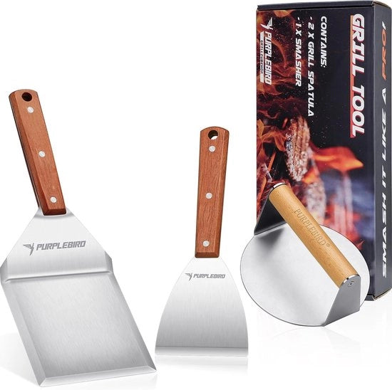 Set di cottura in acciaio inossidabile 3 in 1 composto da hamburger pressa, 2 spatole per griglia, set di spatole per hamburger con spatola per griglia grande e smasher in acciaio inossidabile per Smash Burger, griglia a gas.