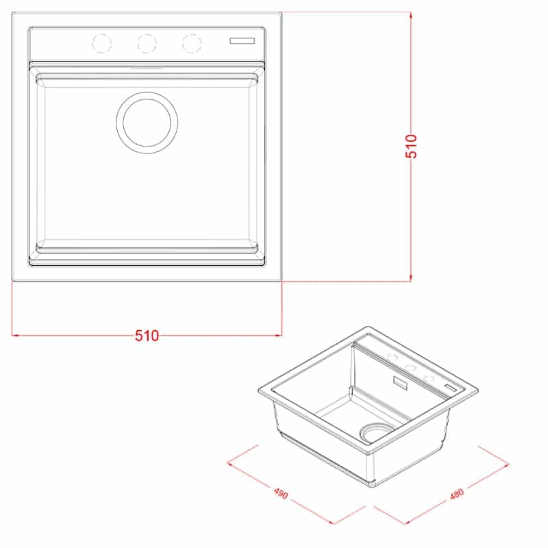 Lavello Quareco incasso 1 vasca 51×51 Prime 50 Granito Grigio QLP050GR