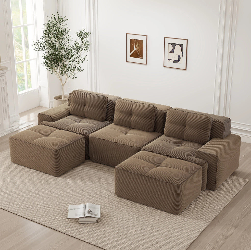 Divano modulare a U 293x177x69 cm in velluto a coste marrone; senza montaggio