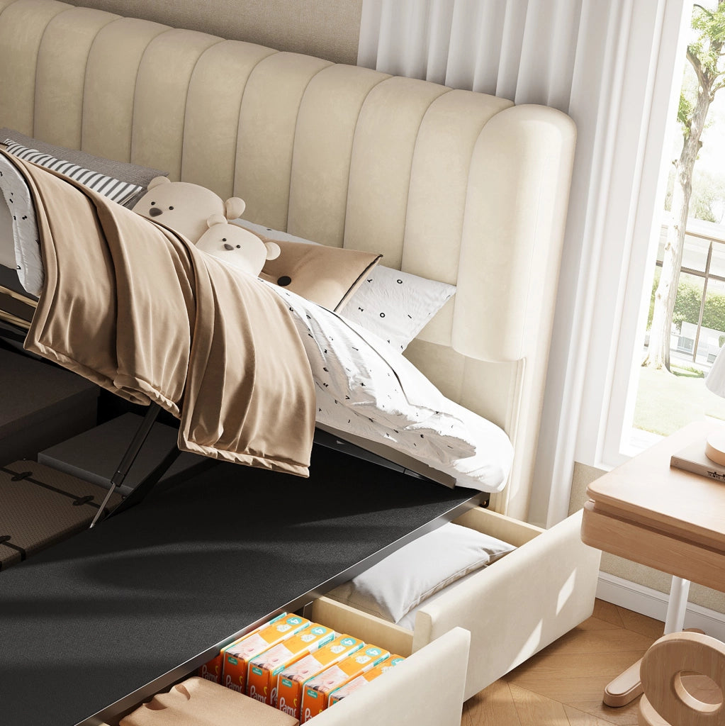 Letto contenitore per bambini con 3 cassetti, LED e velluto beige