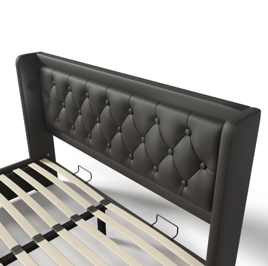 Letto matrimoniale 160x200 cm in PU nero con contenitore; LED a 3 lati e USB Type-C