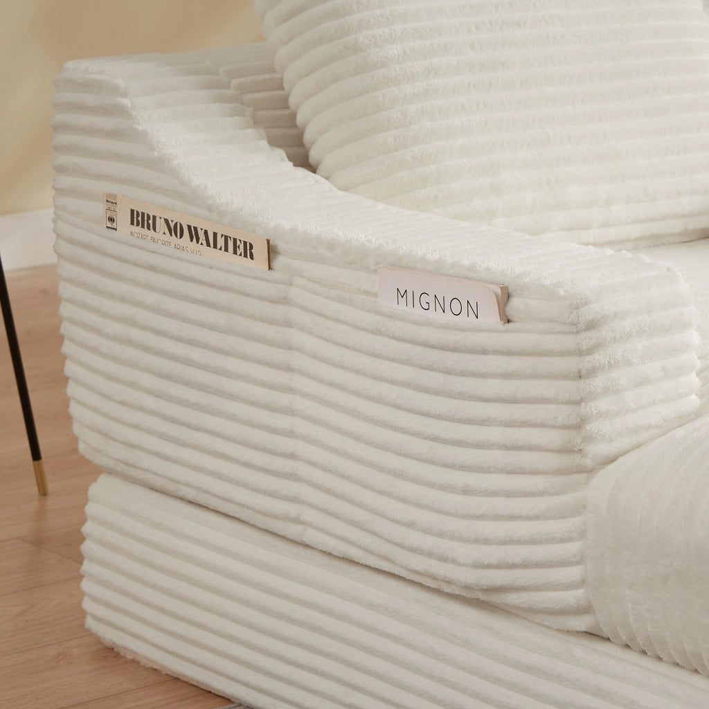 Poltrona reclinabile, poltrona con braccioli, divanetto singolo, velluto a coste, funzione letto, con cuscini, bianco