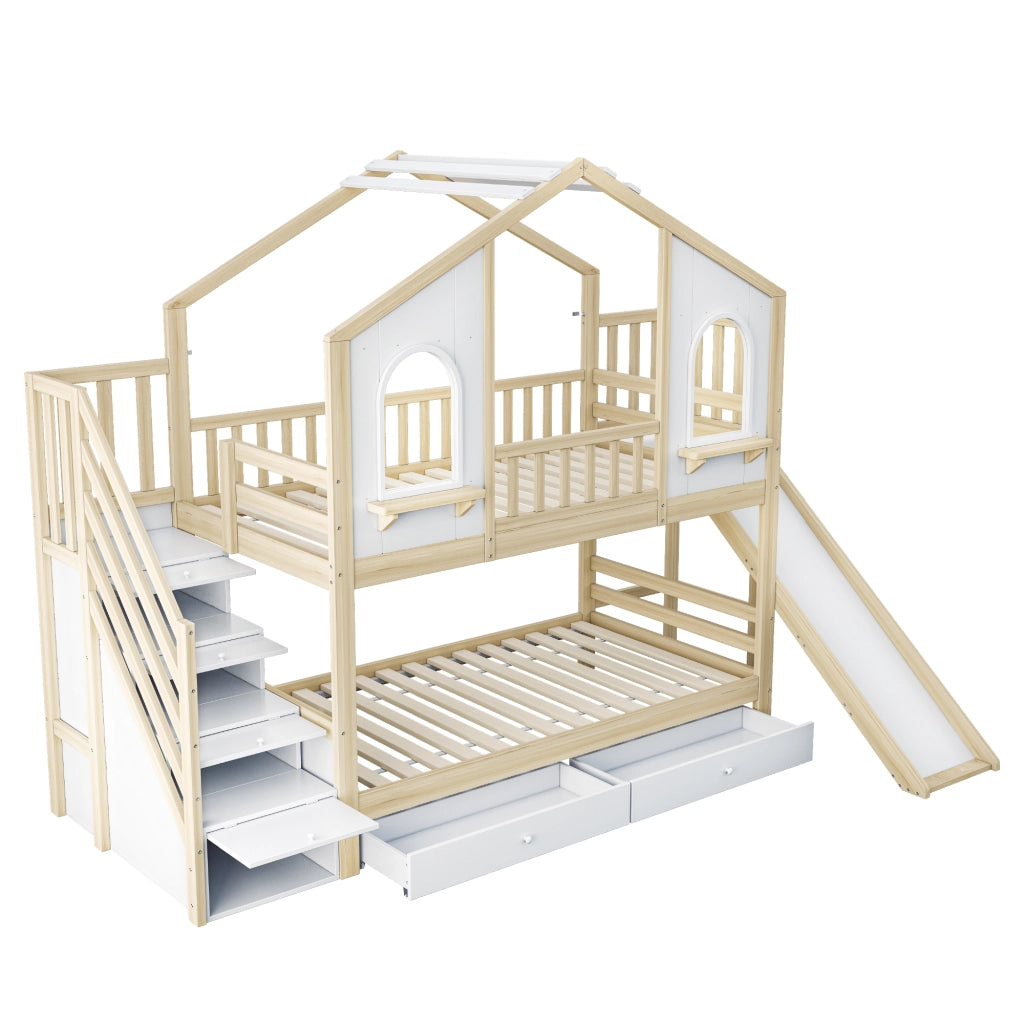 OKWISH Letto a Castello 90×200 cm, Letto Singolo con Scivolo, Scala con Contenitore, Cassetti e Ripiani, senza Materasso, Bianco e Legno