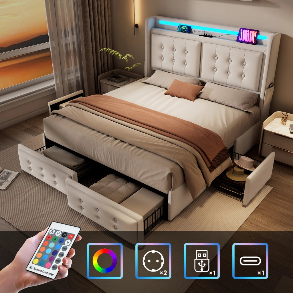 LETTO imbottito 180x200 cm in cotone-lino con LED, USB e 4 cassetti, Beige
