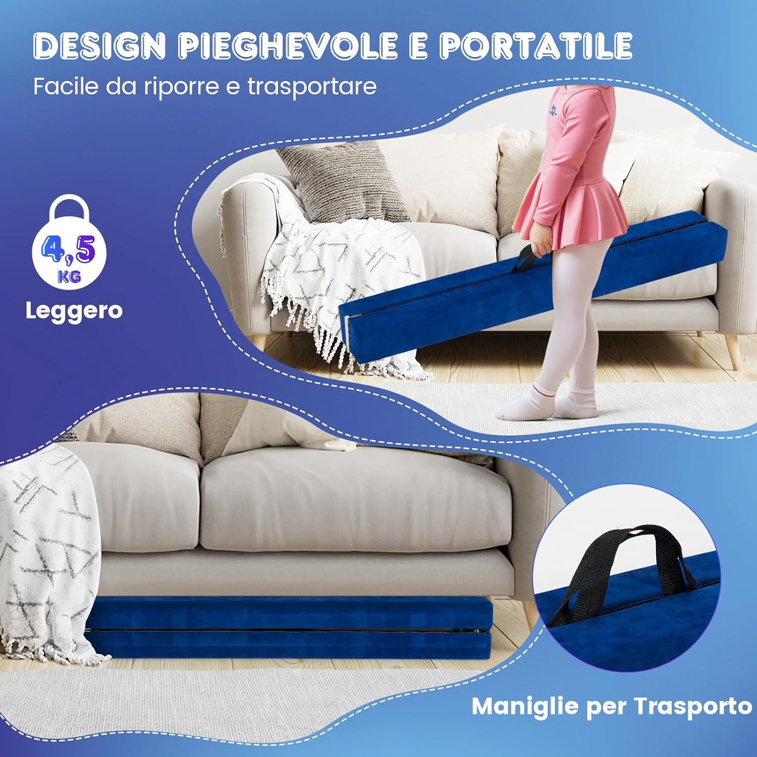 Trave Ginnastica Artistica per Casa 210/240 cm, Trave Pieghevole per Bambini con Maniglia, Base in Legno e Fondo Antiscivolo, Trave di Equilibrio da Pavimento