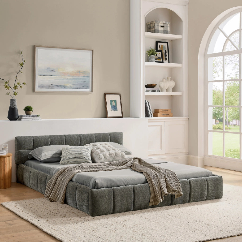 Letto matrimoniale 140x200 cm in chenille Dark Gray con struttura in eucalipto e ferro