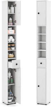 Scaffale Bagno Colonna 20 x 20 x 180 cm, Armadio da Bagno Sottile con Cassetto, 2 Ante e 4 Ripiani Aperti, Armadio per Bagno e Soggiorno