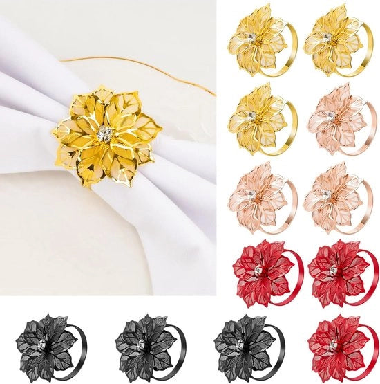 Pacco di 12 anelli per tovagliolo a spillo, fiori metallici a forma di fiore per decorazione di tavola per matrimonio, festa di Natale, cena di compleanno.