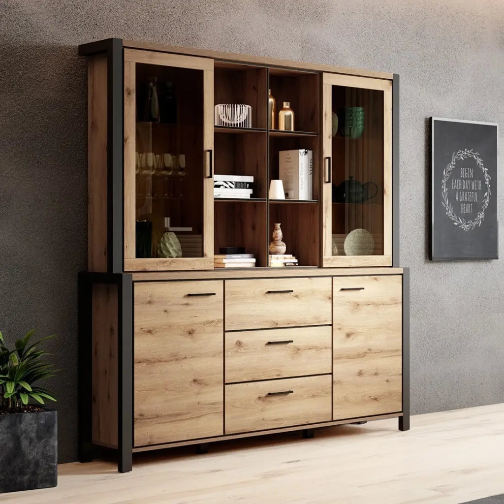 Set buffet e credenza con illuminazione LED collezione TIVORA. Mobile 4 porte, 3 cassetti. Colore quercia e nero.
