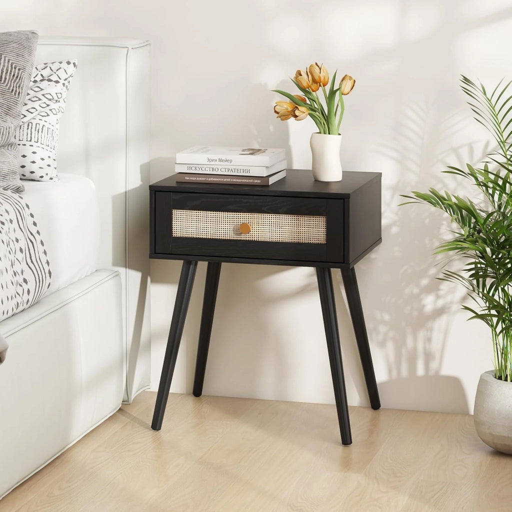 Comodino in Rattan 48 x 40 x 58 cm, Armadietto con Cassetto e Gambe in Legno Massello, Tavolino in Stile Boemia per Camera da Letto, Soggiorno e Salotto, Naturale