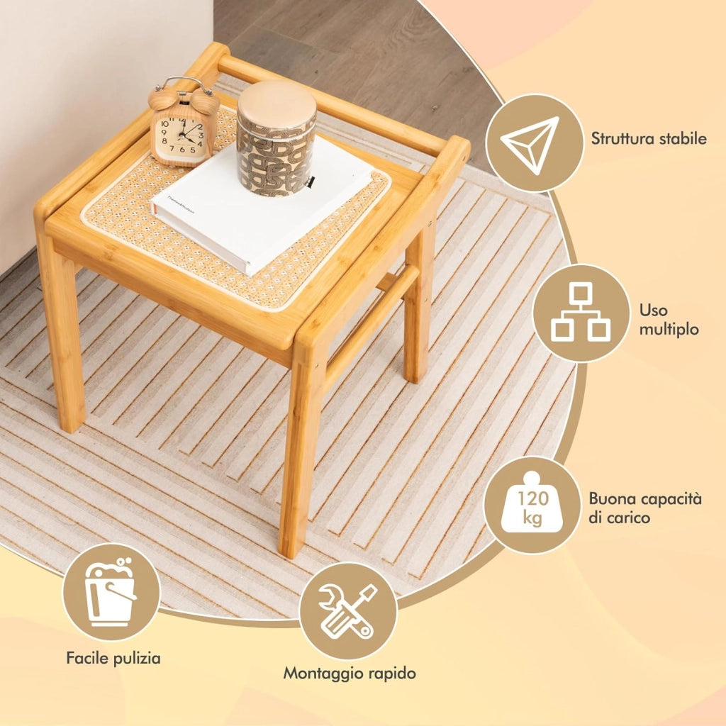 Sgabello per Tavolo da Trucco in Bambù, Sgabello con Seduta in Rattan e Piedini Antiscivolo, per Soggiorno, Camera da Letto, 38 x 40 x 43 cm