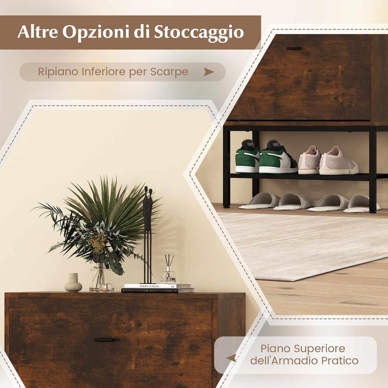 Armadio per Scarpe con 2 Cassetti a Ribalta, Scarpiera Nascosto con Ripiani Regolabili e Rimovibili, Ripiano in Metallo e Dispositivo Antiribaltamento, 60x24x106 cm (Marrone)