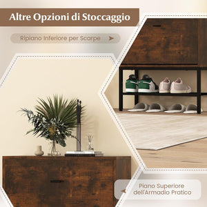 Armadio per Scarpe con 2 Cassetti a Ribalta, Scarpiera Nascosto con Ripiani Regolabili e Rimovibili, Ripiano in Metallo e Dispositivo Antiribaltamento, 60x24x106 cm (Marrone)