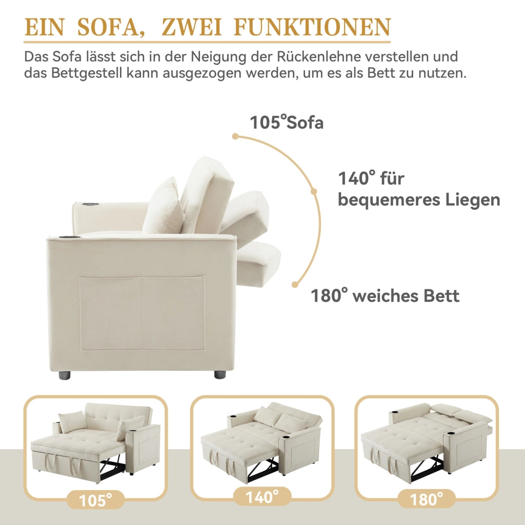 Divano Letto 3 in 1 con Schienale Regolabile; Portabicchieri e Tasche Laterali; in Velluto Beige; 137 x 76;5 x 83 cm