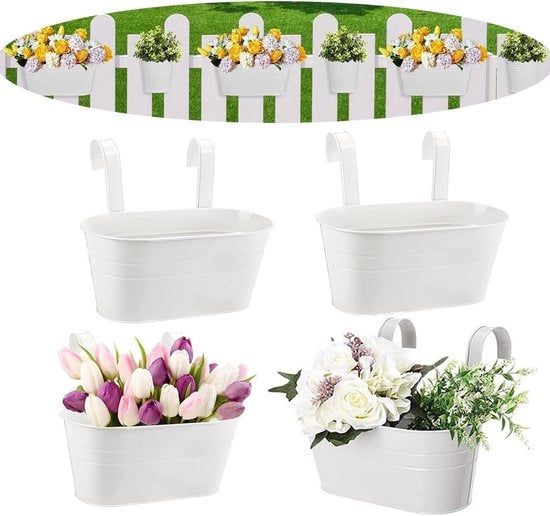 Set di 4 vasi da giardino appesi per balcone - Contenitori di piante metallici - Decorazione da parete con vaso di fiori con ganci rimovibili per ringhiere di balcone (bianco)