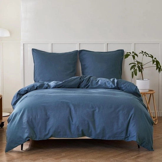 Beddino in cotone e lino, 155 x 220 cm, coperta da letto respirante con cuscino da 80 x 80 cm, letto estivo Oeko-TEX, colore blu marino